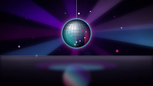 Animated Neon Disco Ball VJ Loop with Shimmering Mirror Reflections, Pulsing Radial Beams, and Glossy Floor Background