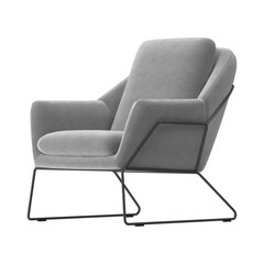 Obraz premium Modern gray armchair with sleek black metal frame on a white background