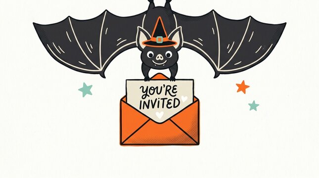 A cartoon bat holding a Halloween Party Invitation envelope for children's holiday celebration announcements.