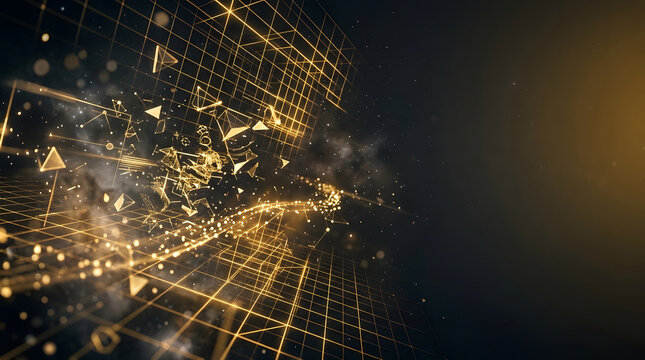 Abstract Golden Digital Data Grid with Geometric Particles on Dark Background for Tech Concepts