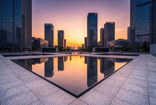Modern city skyline architecture reflection at sunset urban cityscape
