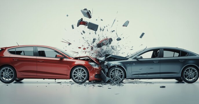 A powerful and destructive highway crash involving two contemporary passenger cars with extensive damage and a shower of broken glass fragments