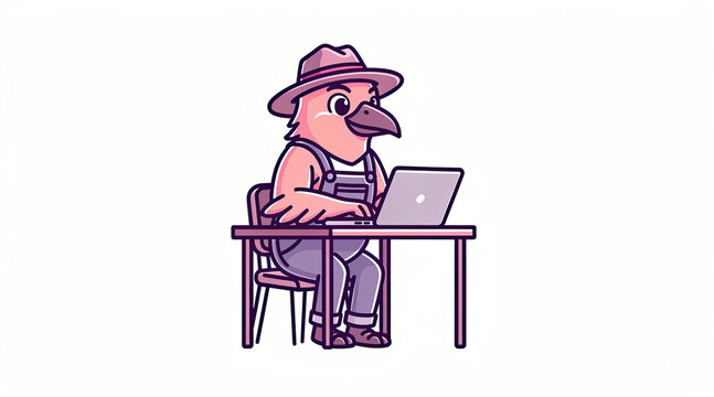 Bird character wearing hat using laptop at desk.