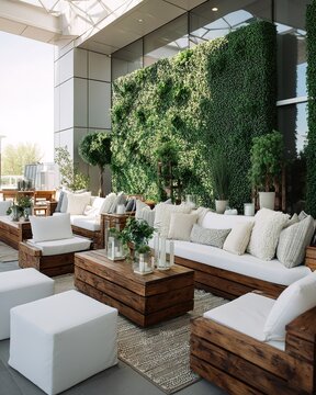 Elegant outdoor lounge with wooden furniture and vertical green wall
