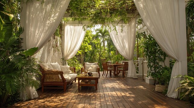 Luxurious outdoor patio with white curtains and tropical greenery