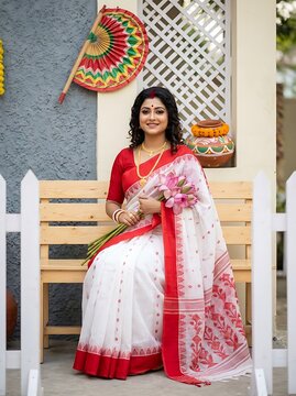Beautiful bengali woman in traditional white and red saree holding lotus flowers