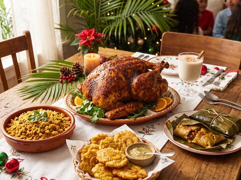 Caribbean style roasted Christmas turkey pavochon served with arroz con gandules and coquito drink.