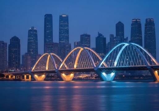 Modern bridge with illuminated arches over water at night