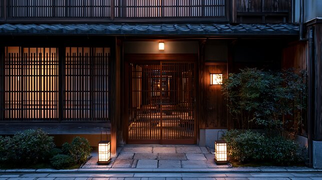 Traditional Japanese Machiya house entrance at night with warm lantern lighting.