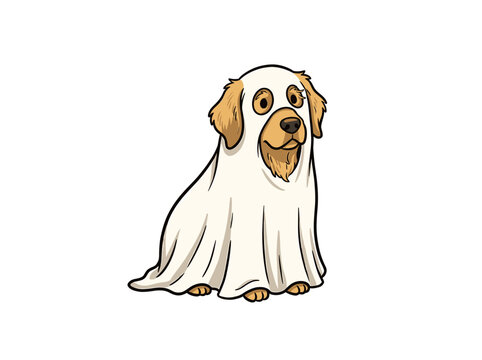 Cute Halloween Golden Retriever dog wearing a white ghost sheet costume, cartoon vector illustration for t-shirt design and spooky holiday stickers.