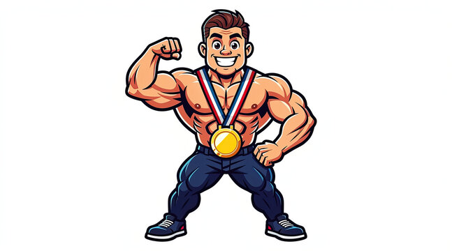 Bodybuilder mascot flexing with gold winner medal.