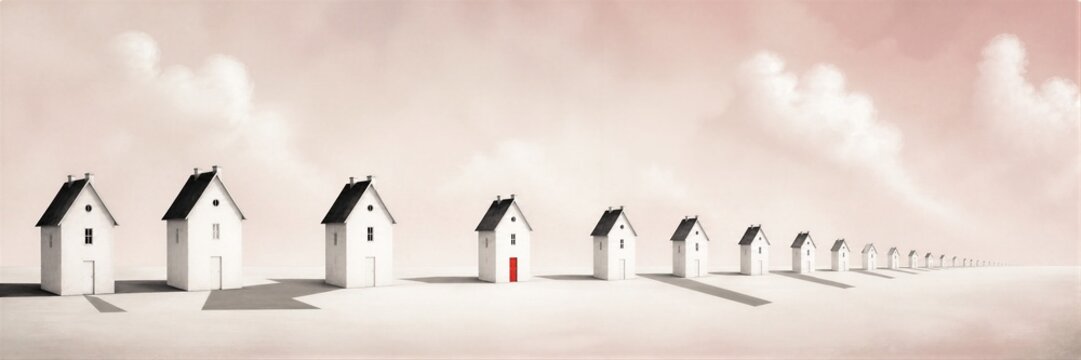 Surreal row of identical white houses shrinking into the distance with one red door.