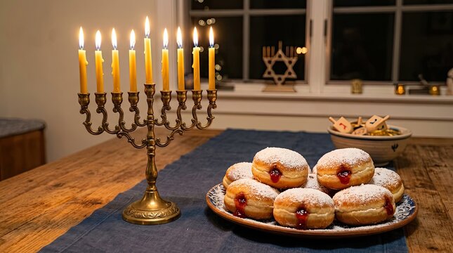 Brass menorah and jelly donuts on holiday table.
