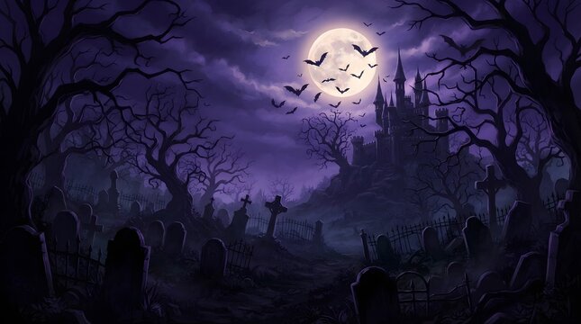 A spooky dark halloween background featuring a large full moon shining over a haunted castle with bare trees and flying bats in the night sky