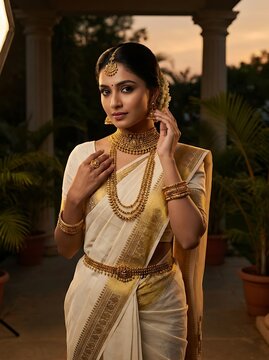 Beautiful indian woman in traditional kerala kasavu saree and gold jewelry