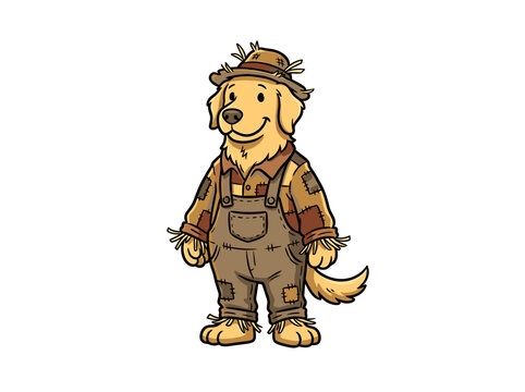 Friendly Golden Retriever dog dressed as farm scarecrow with straw hat, cute vector cartoon illustration for mascot branding and harvest t-shirt design.