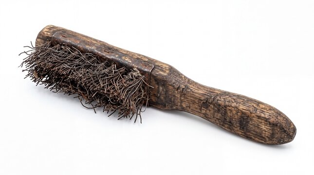 Antique heavy duty wire cleaning brush with weathered wooden handle isolated resting on white background