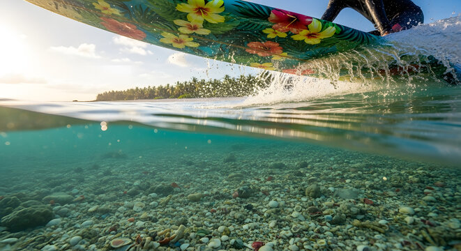 Colorful kitesurfing board over tropical coral reef.
