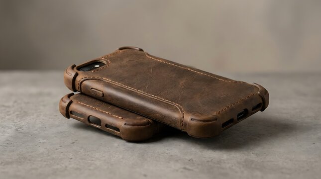 Two brown leather phone cases stacked on a stone table. leather iphone case