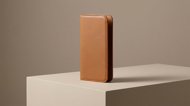Brown leather smartphone case standing on a pedestal. leather iphone case