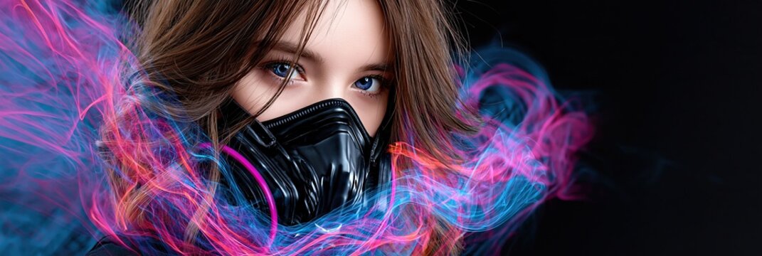 Close-up of a young woman with blue eyes wearing a black gas mask surrounded by colorful smoke