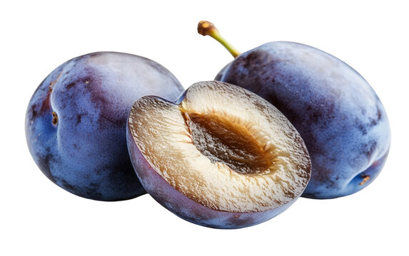 Group of fresh ripe purple plums with one cut in half showing the seed pit isolated on white background