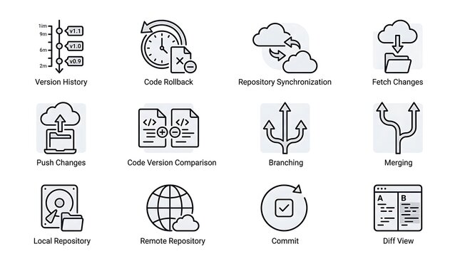 Version Control System and Software Development Line Icon Set