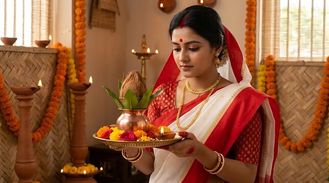 Indian woman holding traditional puja thali with coconut and flowers