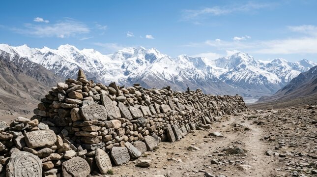Ancient Mani Wall with Prayer Stones in the Himalayas.