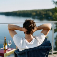 Fototapeta premium Man seated on a wicker chair facing a lakeside view with bottle and wine glass for tranquil evening background and poster design