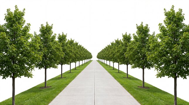 Straight concrete pathway lined with vibrant green maple trees standing in perfect symmetry on white background