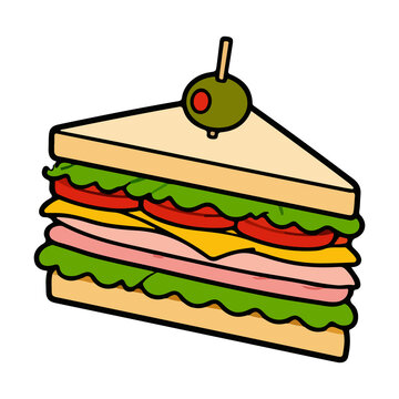 Club sandwich with ham, cheese, tomato, lettuce and olive on top vector illustration