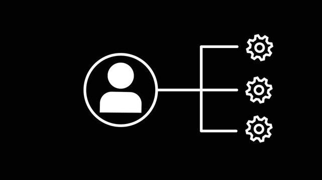 Animated gear with project manager icon on black background. Stakeholders' management icon concept. Man, people and gear icon. Motion graphics of setting concept with alpha channel. 4k motion video.