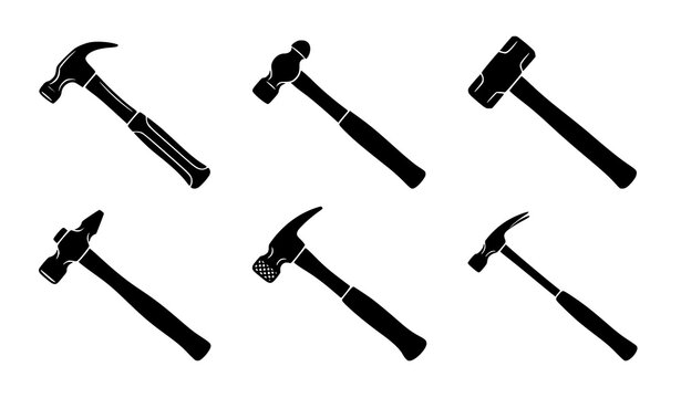 Hammer silhouette icon set with claw sledge ball peen and framing hammers