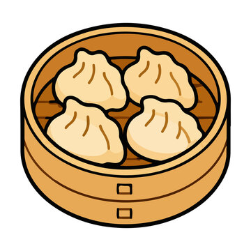 Bamboo steamer basket of delicious dim sum dumplings vector illustration