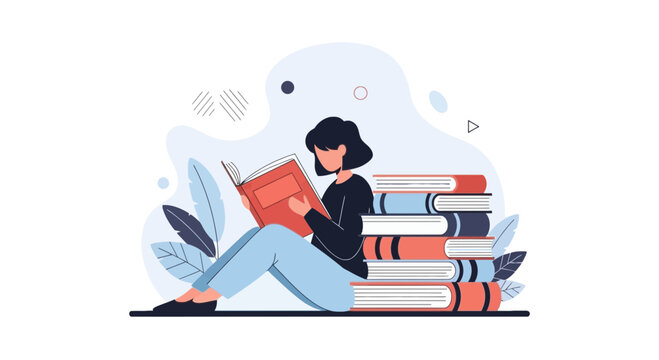 Woman reading book while sitting near stack of books.