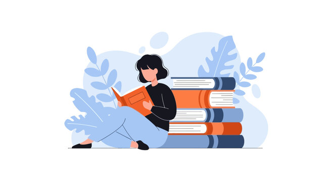 Woman reading books in a comfortable seating pose.