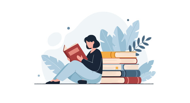 Woman reading book while sitting against large stack.