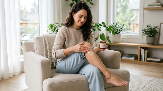 Young woman sitting in a cozy armchair at home applying moisturizing cream on her leg from a small glass beauty jar