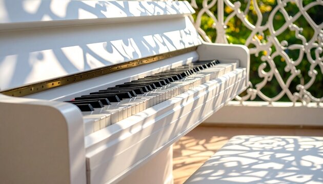 Damaged Piano Keys in Warm Sunlight with Musical Note Shadows