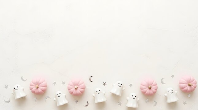 A festive happy halloween background featuring cute pink pumpkins and white ghosts arranged in a neat row on a plain white surface