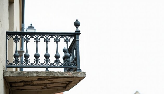Ornate balcony with decorative wrought iron railing and stone corbel on weathered plaster facade, closeup of balusters, finials and shadow detail, ornate balcony for architectural editorial use.
