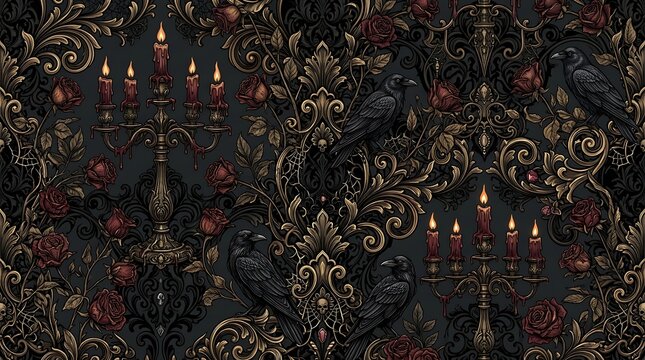 Gothic seamless pattern featuring vintage candelabras with red roses and ravens for dark decor
