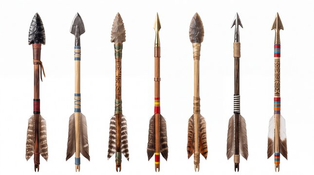 Seven diverse handcrafted tribal arrows featuring ornate shafts and sharp flint arrowheads displayed on white background