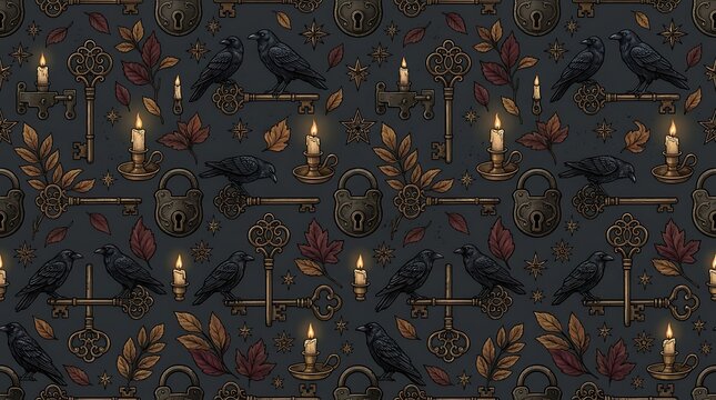 Vintage gothic Halloween seamless pattern with black ravens, antique keys, and glowing candles