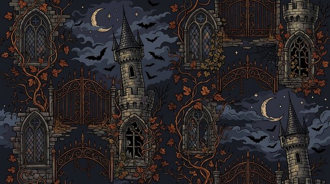 Haunted castle Halloween seamless pattern with gothic architecture, iron gates, and bats at night