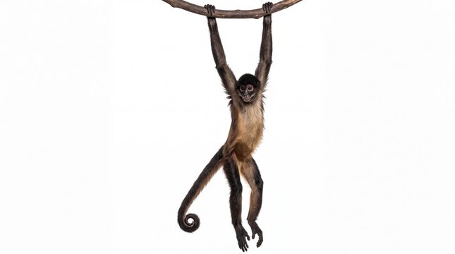 Spider monkey hanging from a brown wooden branch with curious eyes captured on white background