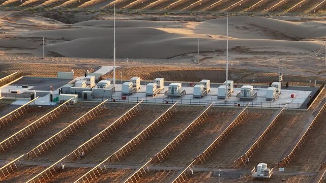 Aerial View of Utility-Scale Solar Farm with Battery Energy Storage System in Arid Desert