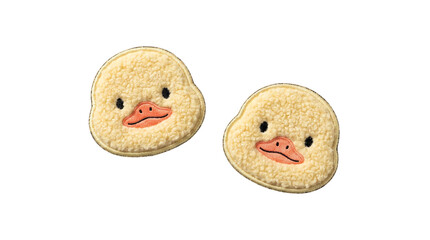 Two fluffy duck face embroidered plush patches on a transparent background © Vitalo4ok