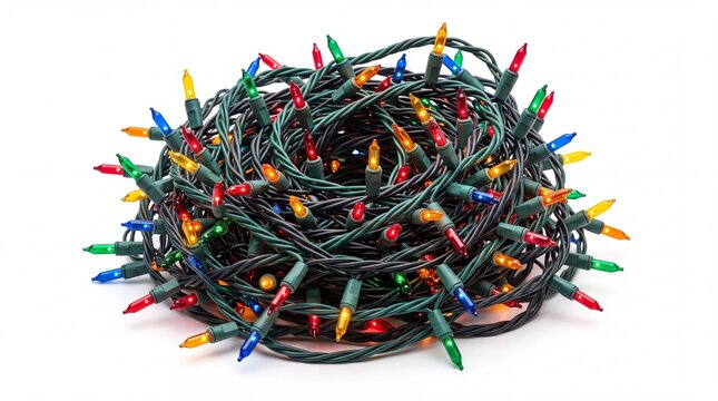 Multicolored festive christmas string lights tangled in a messy circular pile resting on white background